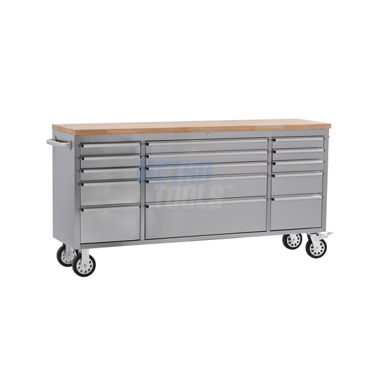 72" Stainless Steel 15 Drawer Roller Tool Cabinet and Workbench