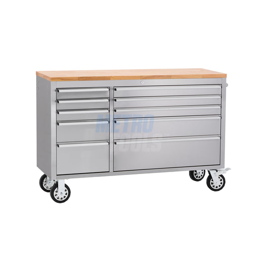 55" Stainless Steel 10 Drawer Roller Tool Cabinet and Workbench