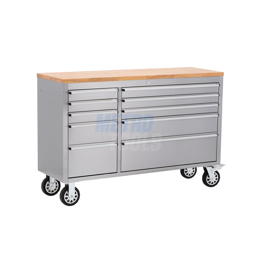 55" Stainless Steel 10 Drawer Roller Tool Cabinet and Workbench