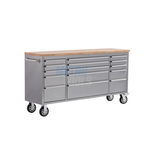 72" Stainless Steel 15 Drawer Roller Tool Cabinet and Workbench