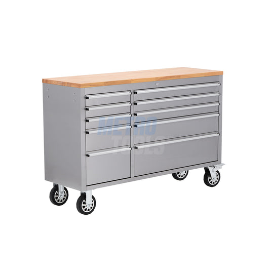 55" Stainless Steel 10 Drawer Roller Tool Cabinet and Workbench