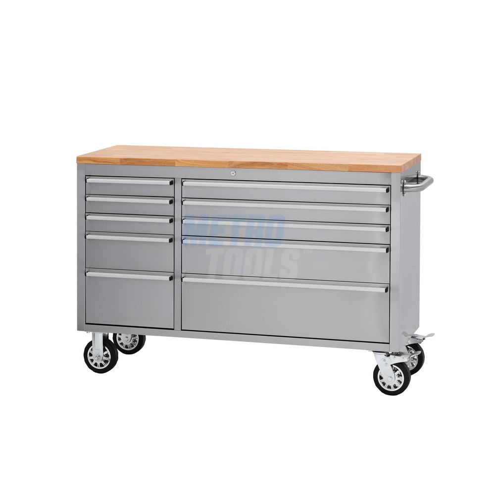 55" Stainless Steel 10 Drawer Roller Tool Cabinet and Workbench