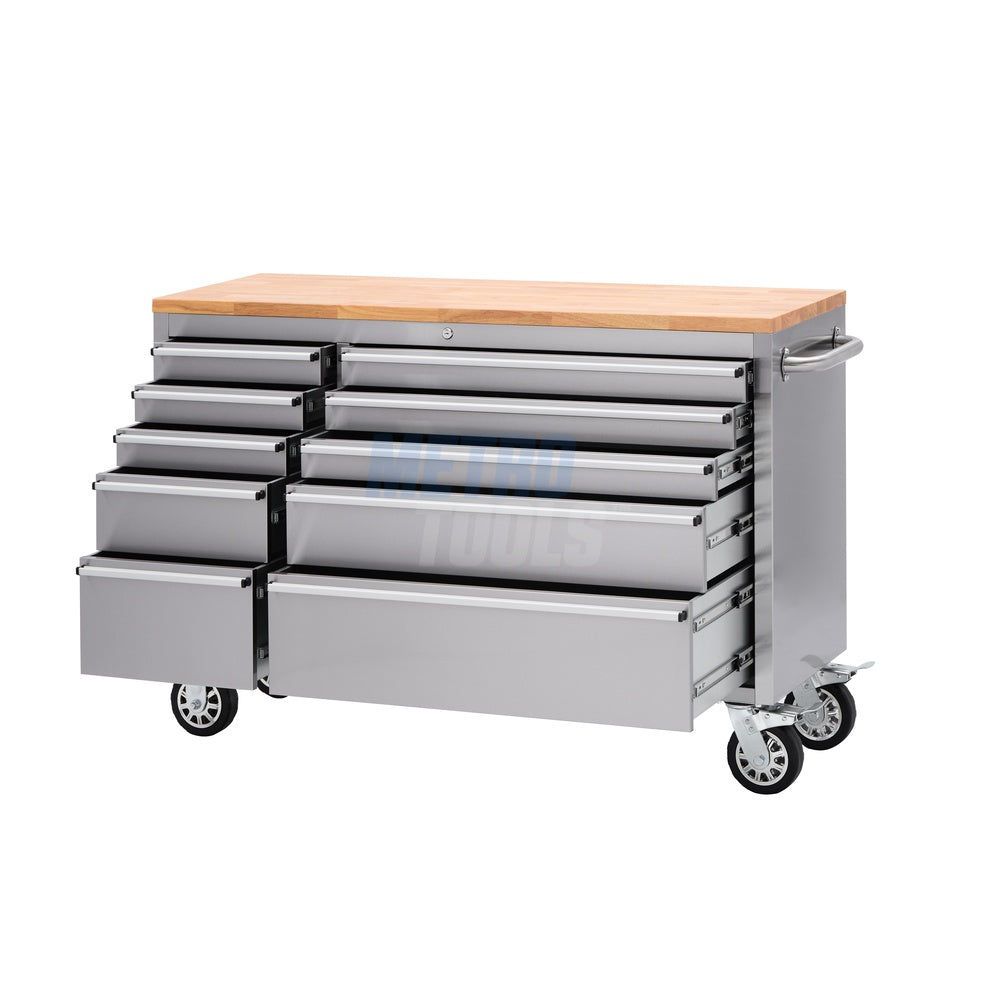 55" Stainless Steel 10 Drawer Roller Tool Cabinet and Workbench