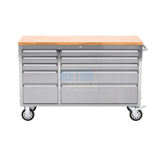 55" Stainless Steel 10 Drawer Roller Tool Cabinet and Workbench