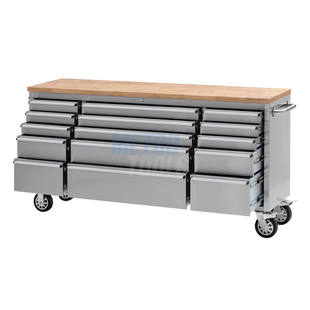 72" Stainless Steel 15 Drawer Roller Tool Cabinet and Workbench
