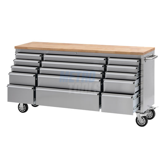72" Stainless Steel 15 Drawer Roller Tool Cabinet and Workbench